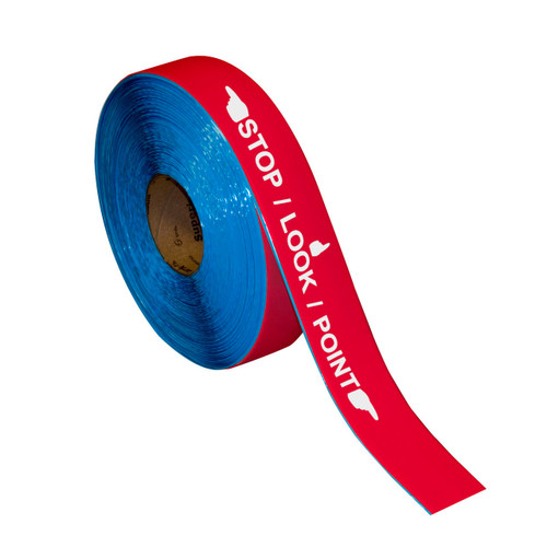 Superior Mark® Repeating Message Floor Tape - "STOP LOOK POINT" (WITH HAND SIGNALS) - Red Bkgd/White Text