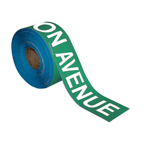 Superior Mark® Floor Tape - 4'' x 100' - AMAZON AVENUE - With LINER - Green Bkgd/White Text