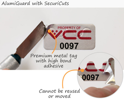 Custom Anodized Aluminum Asset Tags with Security Cuts - ¾” x 1½” - 100 Tags/Pack