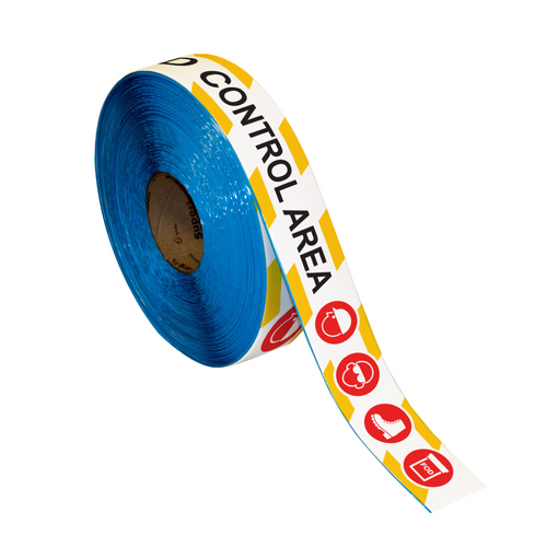 Superior Mark® Floor Tape - 2" x 100' - FOD CONTROL AREA - Yellow/White Hazard Bkgd/Black Text